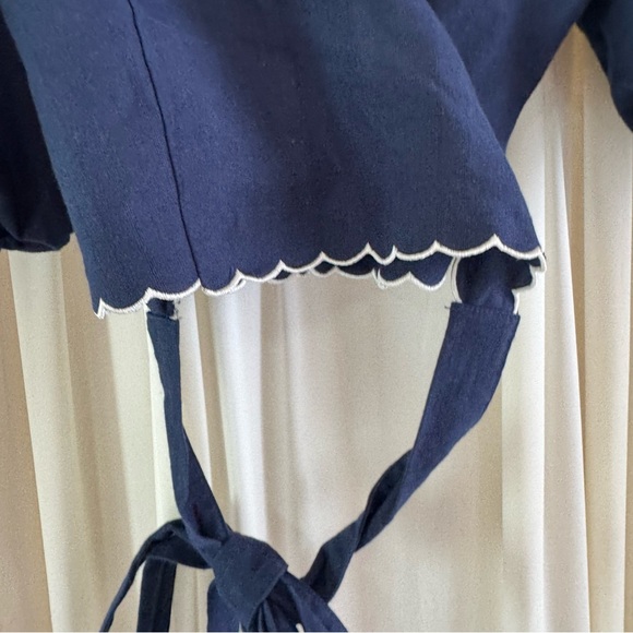 Anthropologie Mare Mare Puff-Sleeve Linen Wrap Blouse Navy White Scallop Sz Smal - Picture 7 of 9